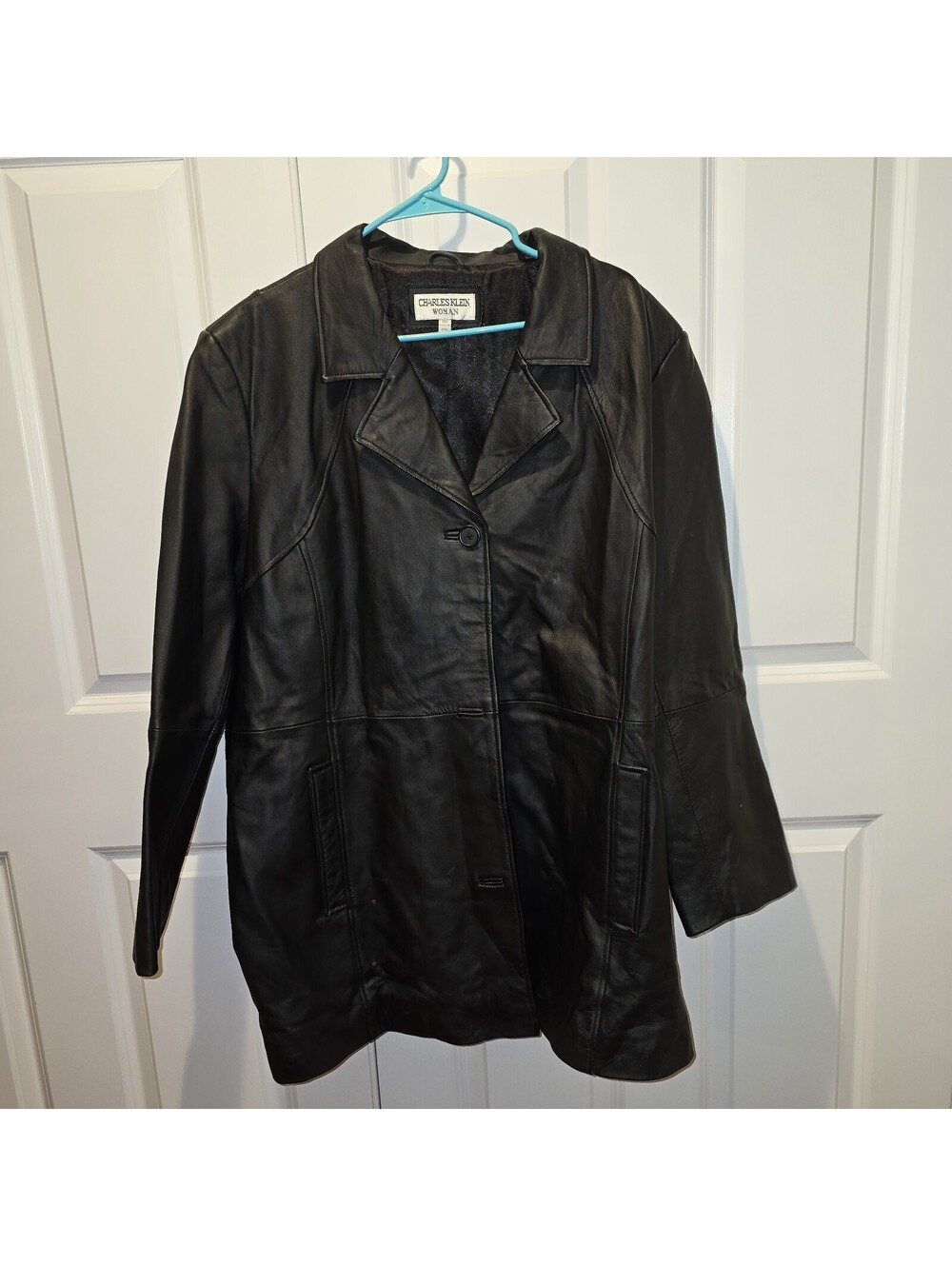 Charles Klein Woman Leather Coat Jacket Plus Size Black Button Front Mid 24W